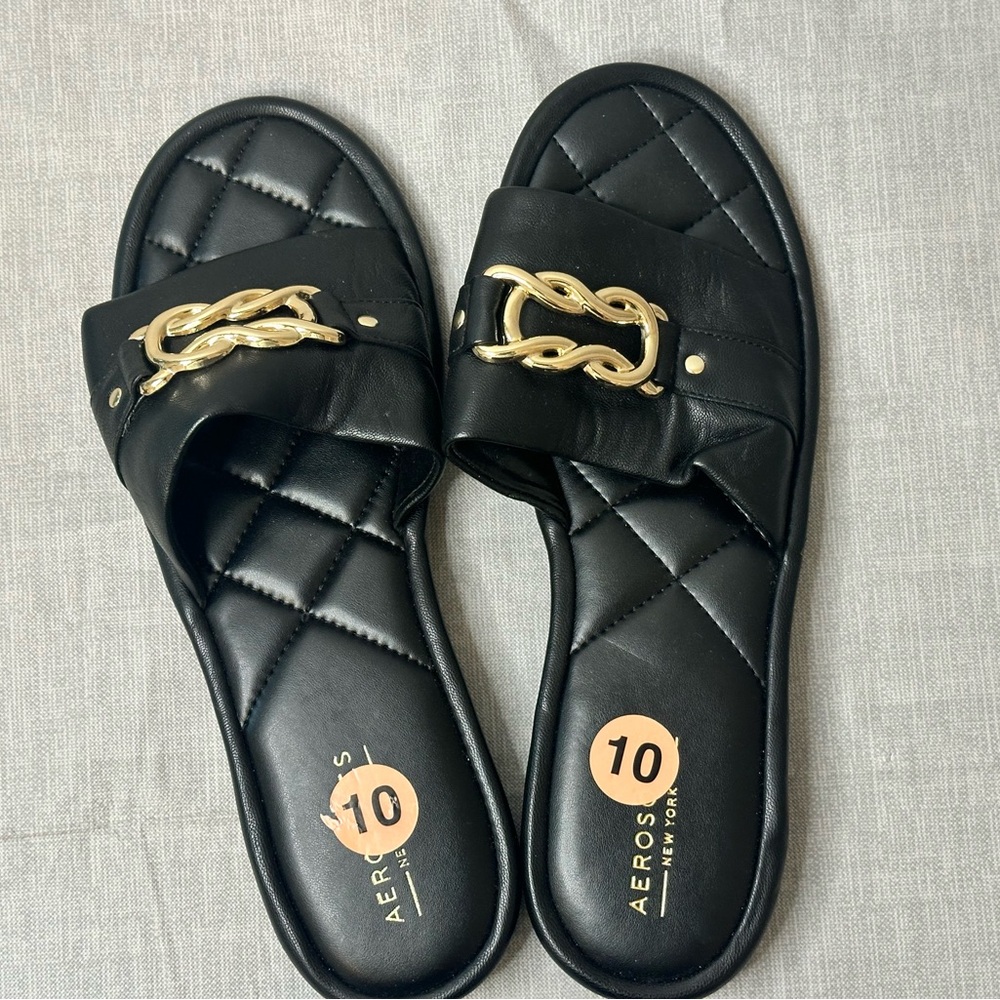 Aerosoles Black Slide Sandals with Gold Accent